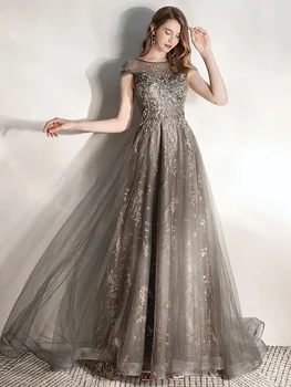 

Cyan Grey Crystal A Line Evening Dress Short Sleeves O Neck Beaded Sequins Tulle Wedding Banquet Guests Formal Parties Prom Gown
