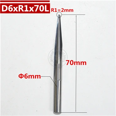 6 мм shank-1PCS, набор ножей карбида Концевая мельница, деревообработка вставки фрезы, со скошенным шариковым наконечником Концевая фреза, глубокий рельеф, pvcMDF - Длина режущей кромки: D6xR1x70L
