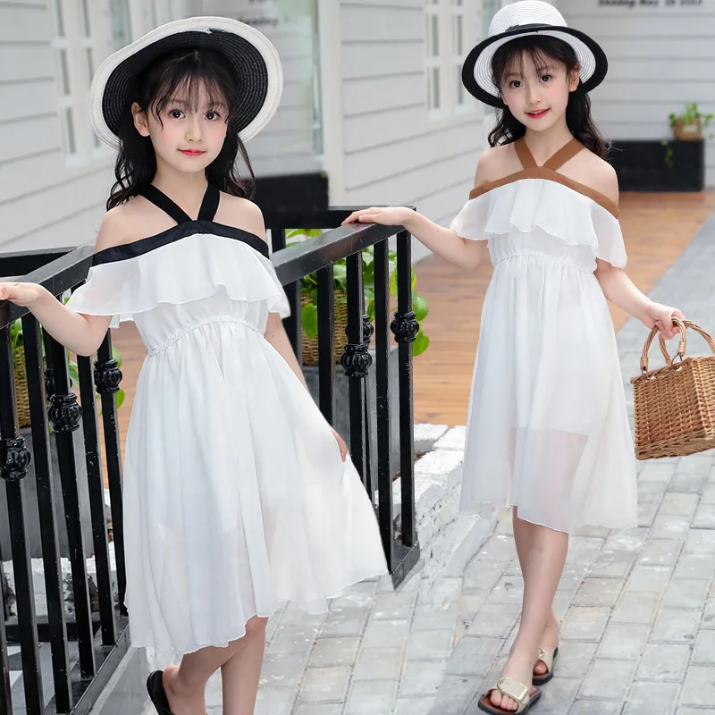 

New Summer Girls Chiffon One-shoulder Bow Dress Fashion Ruffles Strapless Shoulder Slim Fit Sweet Party Dresses Girls Clothes