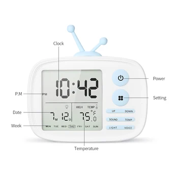 

Hot USB Rechargeable TV Alarm Clock Sound-activated LCD Time/Temperature/Date/Week Display Alarm Clock Pink / White / Blue