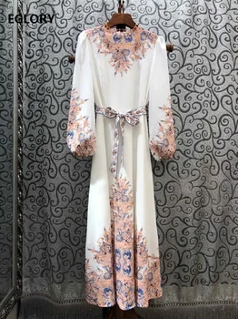 

New Arrival 2020 Spring Fashion Long Dress High Quality Women Vintage Floral Print Lantern Sleeve Casual Party Maxi Dress White