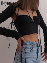 

Beyouare Sexy Ruched Lace Up Crop Tops Women Long Sleeve Hollow Out Slim Chic T Shirts 2021 Autumn Casual Fashion Streetwear Tee