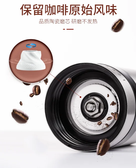 Small portable home handheld ceramic core six adjustable thickness washable stainless steel coffee bean grinder J06