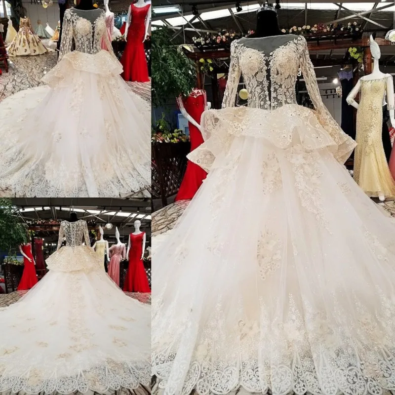

Luxurious Wedding Dresses Long Sleeves Applique Beads Ball Gown Bridal Gowns Custom Made Lace-up Back Sweep Train robe de mariée