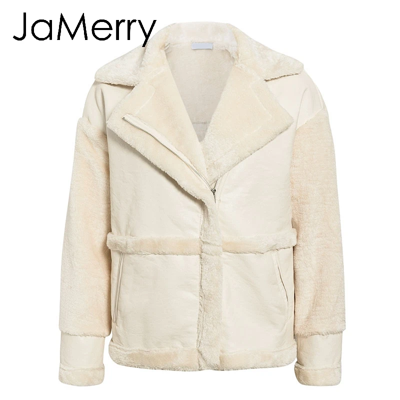 JaMerry/винтажное лоскутное пальто из искусственной кожи для женщин, плюшевое пальто из искусственного меха на молнии, мягкие зимние теплые пальто, верхняя одежда с карманами, короткие куртки