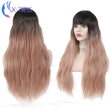 

Highlight Strawberry Pink Wig with Bangs Middle Part 26inch Natural Wave X-TRESS Synthetic Women's Hair Daily Party Cosplay Use