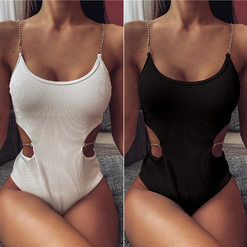Sexy Ribbed one piece swimsuit female Ring chain bodysuits monokini Hollow out swimwear women HIgh cut bathers bathing suit new