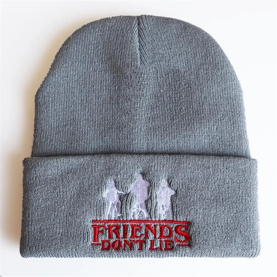 Новинка, шапка с надписью «STRANGER THINGS», шапка с надписью «Friends Don't Lie», теплые зимние шапки, шапки в стиле хип-хоп, вязаные шапки с вышитыми буквами, черные, красные
