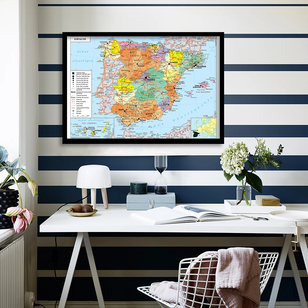 84*59cm Political and Transportation Map of The Spain In French Wall Poster Canvas Painting Home Decoration School Supplies