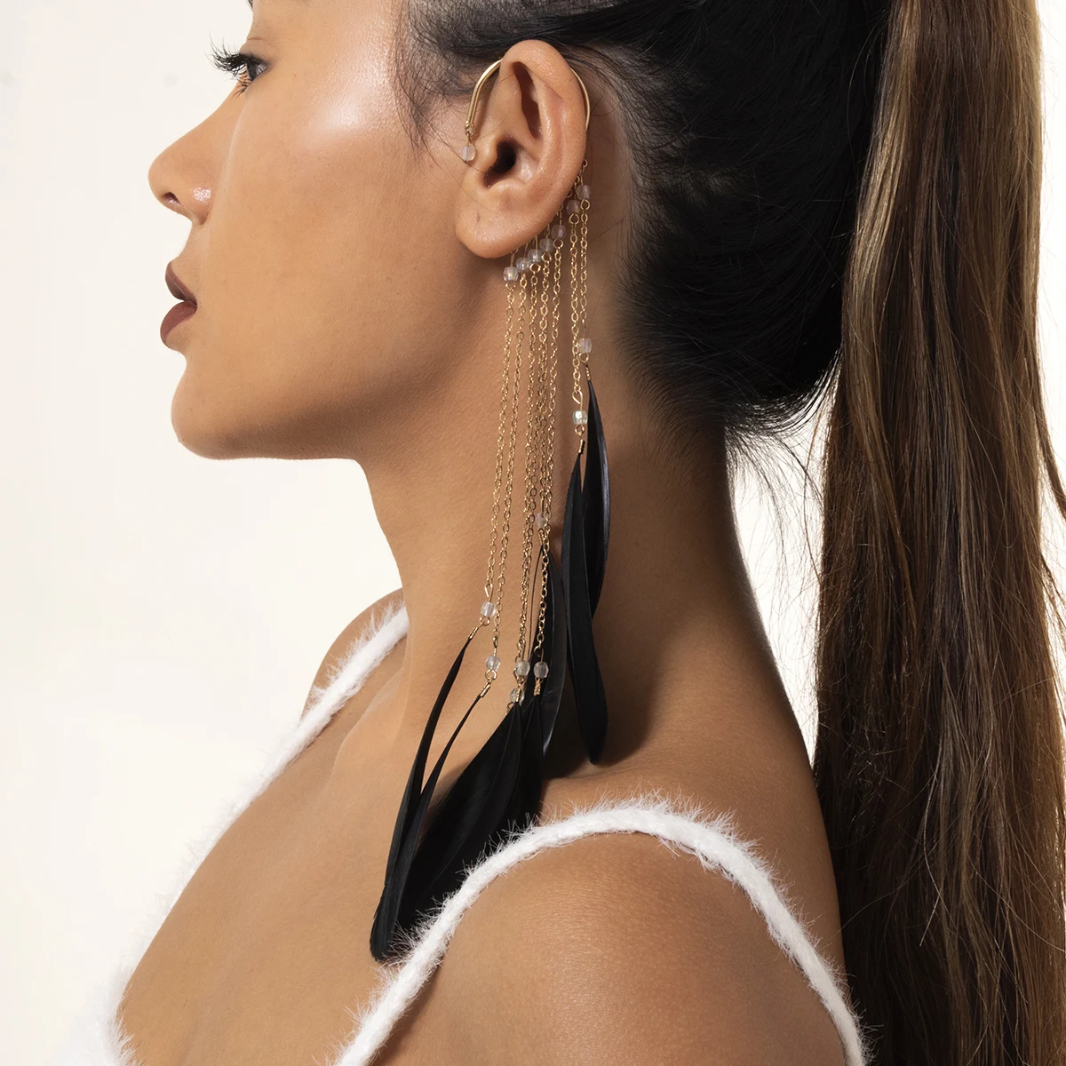 Exaggerated Long Tassel Elf Ears Cuff Earrings For Women Vintage Feather Earrings Fashion Jewelry without Puncture