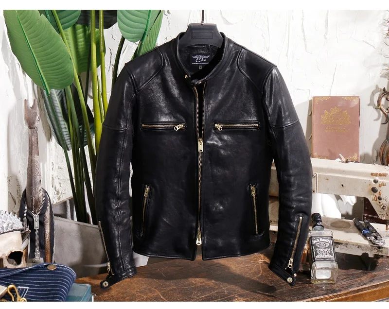 Yr! gratis Verzending. echt Leer. merk Luxe Vintage Motor Stijl Italië Looien Schapenvacht Jas, Mannen Slim Kwaliteit Lederen Jas