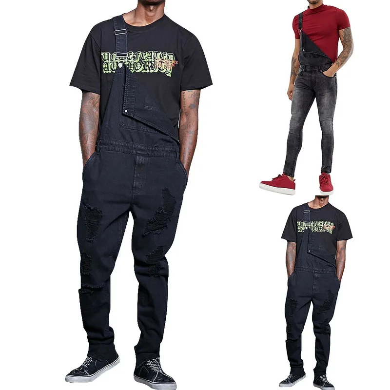 

Jeans Jumpsuits Men Fashion Solid Overalls Casual Autumn Men Straight Demin Jeans Pants Pocket Hip Hop Ripped Jeans Trousers