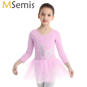 

MSemis Girls Butterfly Sequined Long Sleeves Tutu Ballet Dress Children Kids Professional Gymnastics Leotard Stage Dance Costume