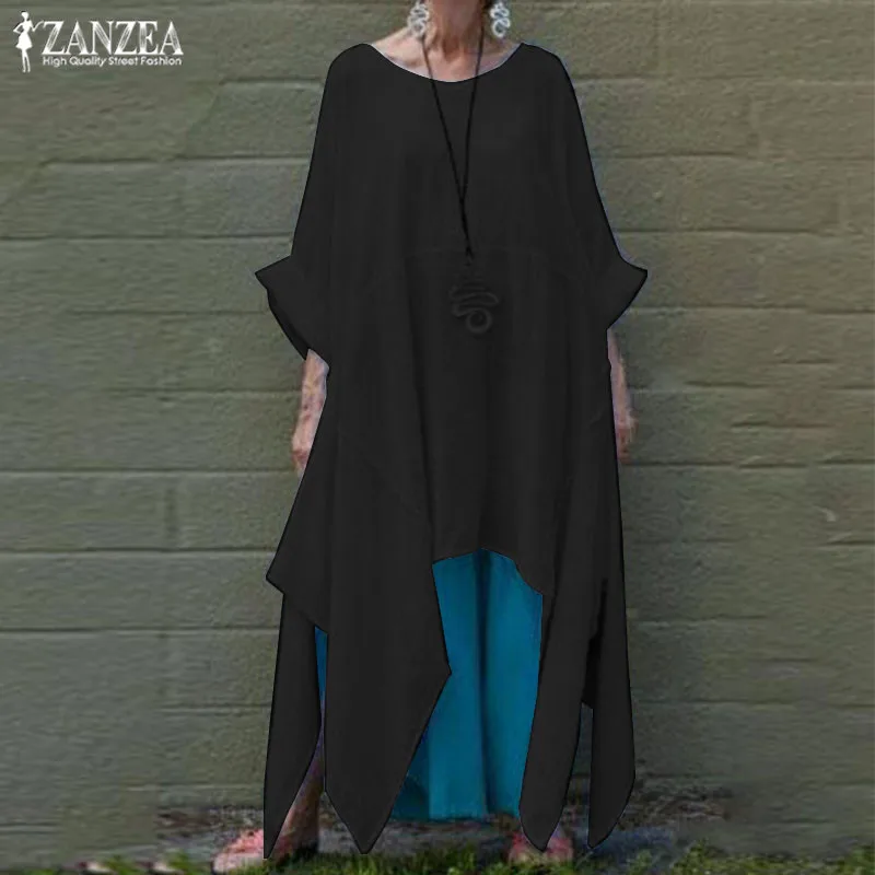 ZANZAE модное асимметричное женское платье, летний сарафан, Повседневное платье миди с рукавом 3/4, женское платье с круглым вырезом