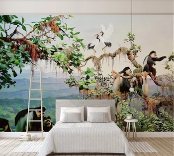 

Custom 3D wallpaper mural Nordic modern minimalist hand-painted landscape scenery plant monkey background wall