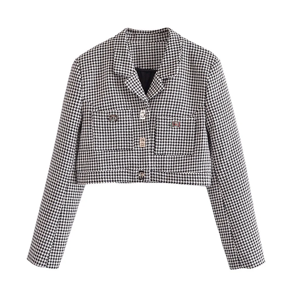 Retro French Style Green Check Plaid Weavon Cropped Blazer Women Notched Metal Buckle Buttons High Waist Suit Short Coat Outwear