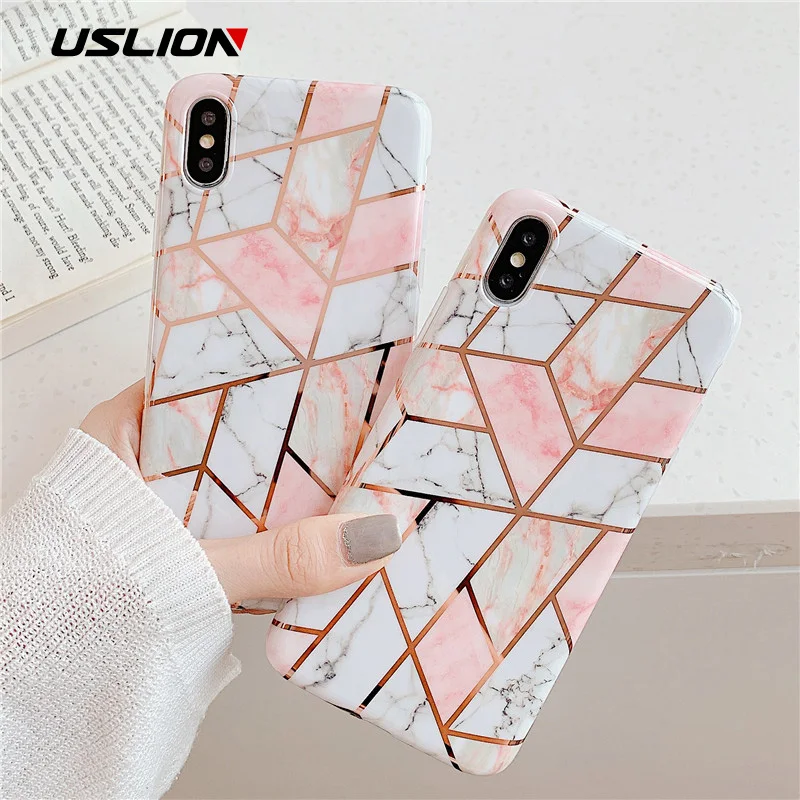 

USLION Geometric Marble Soft Phone Case For iPhone XS Max XR X Soft IMD Silicone Case For iPhone 7 6 6s 8 Plus Stone Image Cover