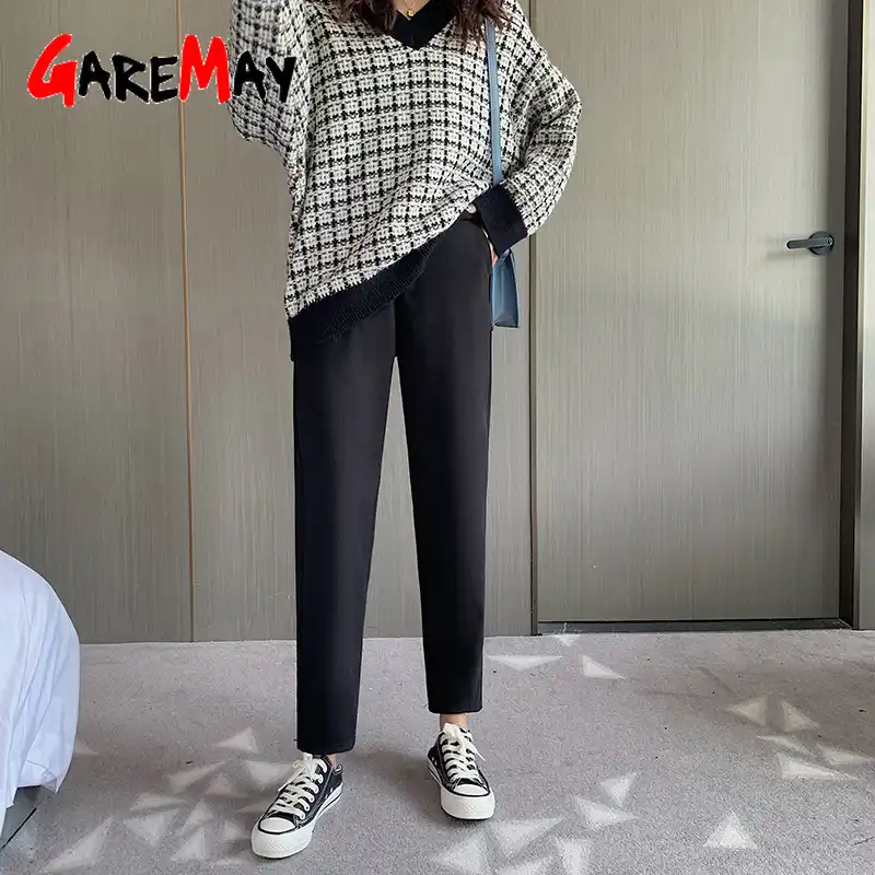 冬暖かいズボン女性の仕事のためオフィスパンツハイウエスト女性ルースヴィンテージ女性厚いウールの女性ハーレムパンツ パンツ カプリパンツ Aliexpress