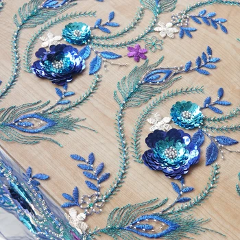 

High-grade royal blue fabric sequins applique embroidery string pearl-dyed embroidery tissu soft screen wedding dress patchwork