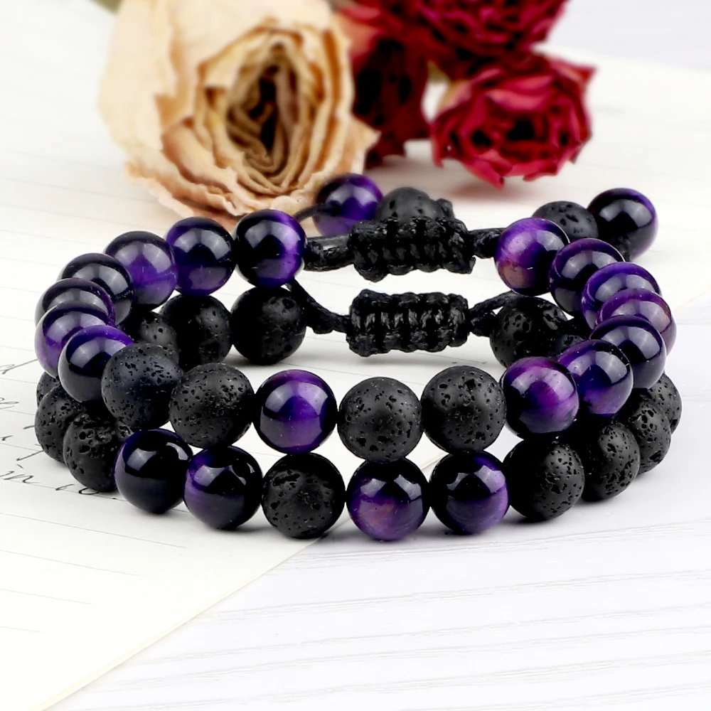 Couple Bracelet Set - 8mm Natural Stone (Volcanic Rock & Amethyst) Braided Rope Essential Oil Diffuser Bracelets