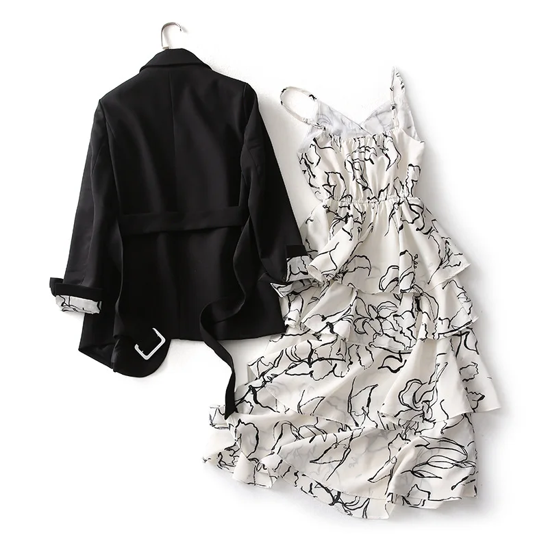 

A Generation of Elegant Belt Waist Hugging Suit Leopord Pattern Printing Slip Dress Two-Piece Women's Entity