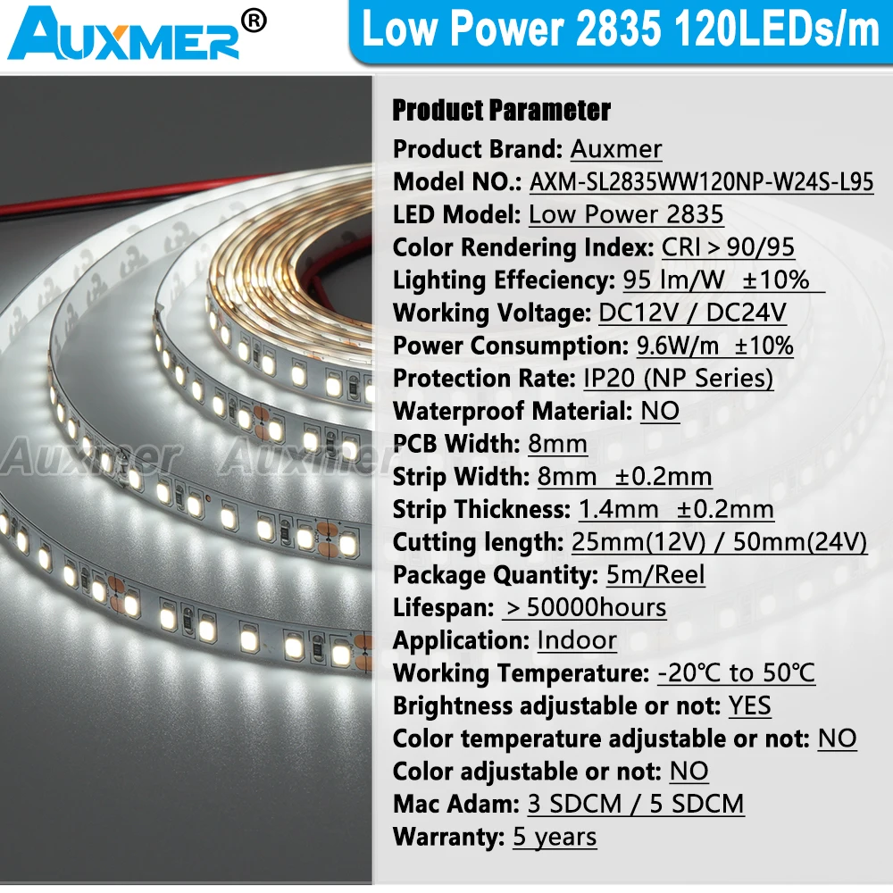 Низкая мощность 2835 120 светодиодов/м Светодиодная лента CRI95/90 IP20 9 6 Вт/м 600LED/Катушка