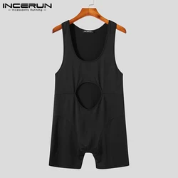 INCERUN Men's Fashion Casual Style Bodysuit Solid Loungewear Comeforable Rompers Male Front Cutout Hot Sale Jumpsuits S-5XL 2021