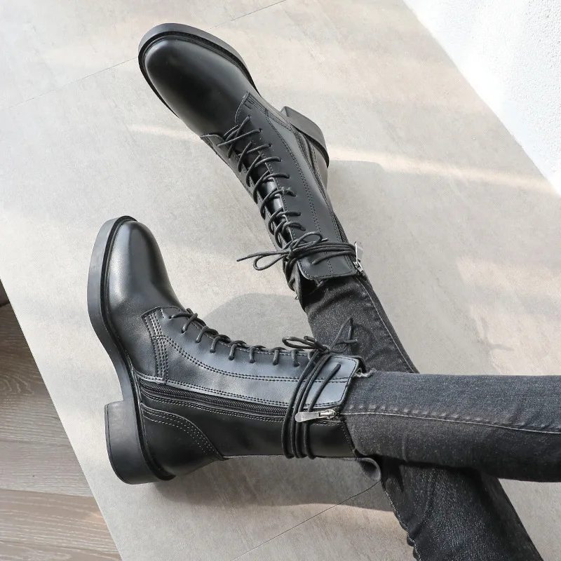 Leather Martin booties ladies plush fur british motorcycle snow botas winter creepers cross-tied mid high boots women shoes