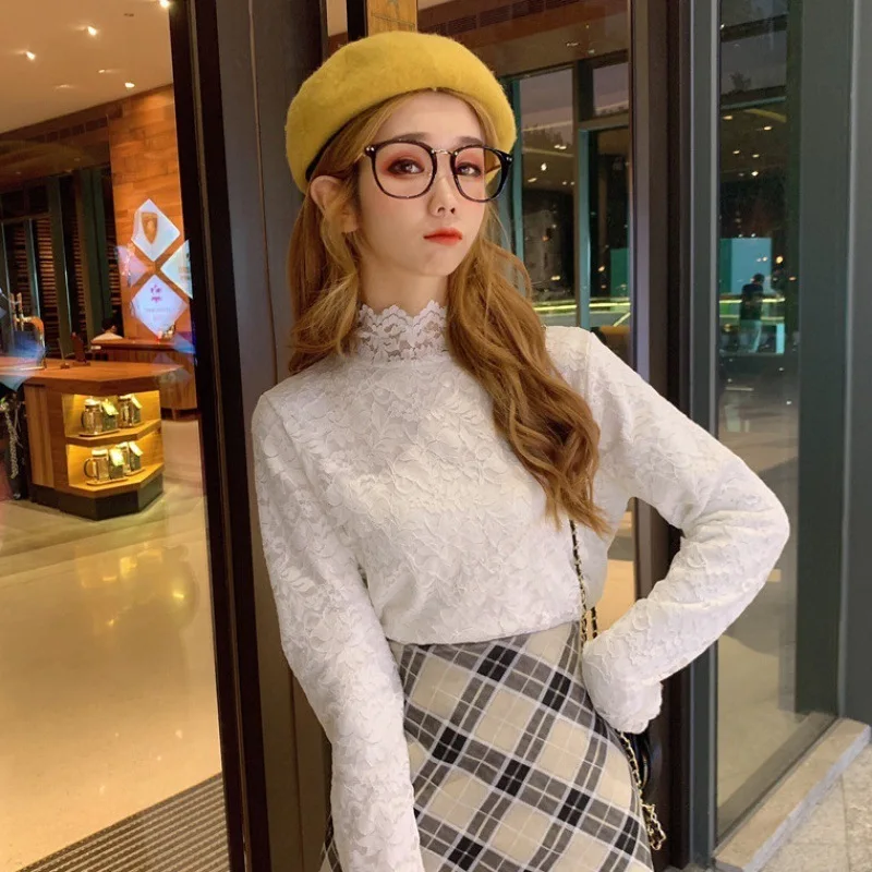 

Uus New Style 2019 Boutique Versatile Slim Fit Long-sleeved Pullover Hollow out Chiffon Blouse Lace Base Women's