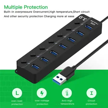 

7 Ports USB 3.0 Hub 5Gbps High Speed On Off Switch Tablet Data Transfer With Button Power Adapter For PC Laptop