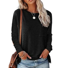 

Long Sleeve Solid Round Neck Tops for Lady Spring Autumn Split Hem Blouse with Pocket