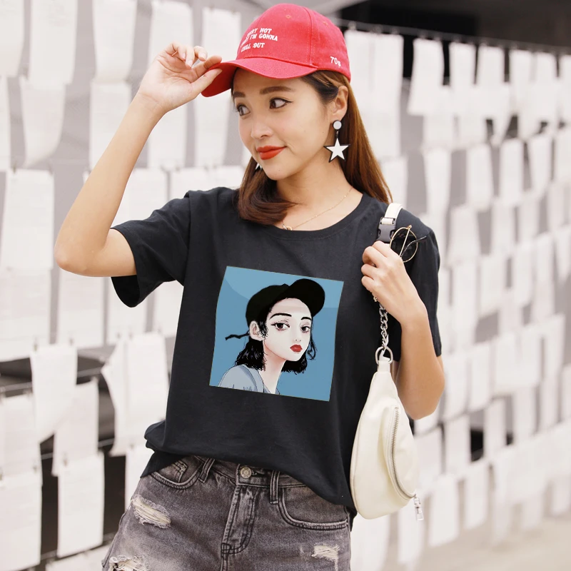 Новинка, женская летняя футболка с коротким рукавом, хлопковые футболки Harajuku, футболка с принтом, топ, футболки, модная повседневная черная футболка - Цвет: Color34