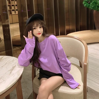

PX2759 Mid-length loose large size all-match solid color long-sleeved T-shirt women