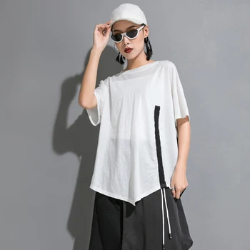 

Korea 2020 New Spring Summer Round Neck Half Sleeve Hit Color Drawstring Irregular Big Size T-shirt Women Fashion Tide JW593