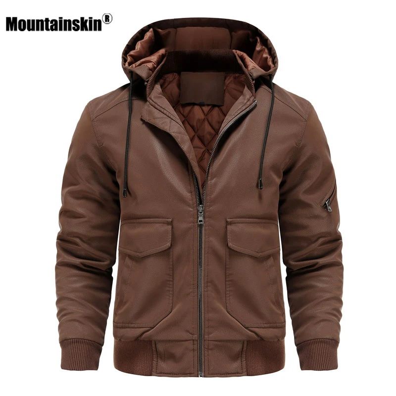 Mountainskin Hooded Mens Leather Jacket Retro Motorcycle Coat Windproof Warm Biker Outwear Male Casual Winter PU Jackets MT139 genuine leather bomber jackets