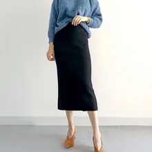 Новинка, трикотажная Юбка До Колена, высокая талия, прямые эластичные осенне-зимние юбки для женщин, черные плотные юбки с разрезом