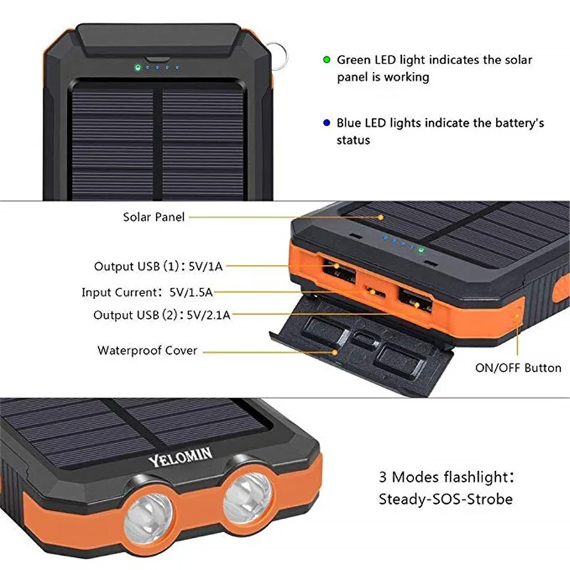 Солнечный портативный водонепроницаемый портативный внешний аккумулятор 30000 мА/ч для всех смартфонов, аккумулятор для быстрой зарядки, внешний аккумулятор LED