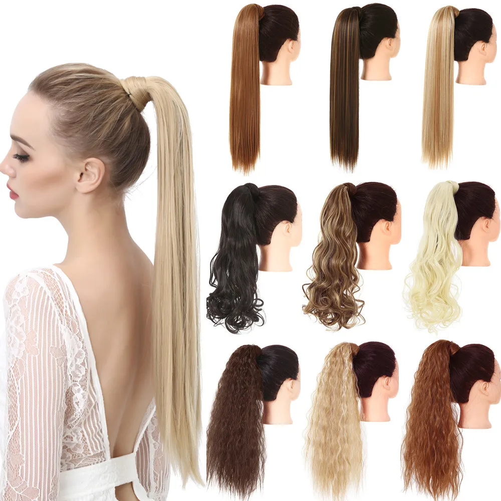 Extensión de cola de caballo con Clip, peluca recta, rizada, sintético largo, envolvente, cola de caballo falsa, color negro, Rubio, postizo