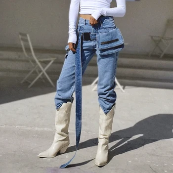 

2020 spring and summer new zipper waist buckle jeans female straight pants personality casual pants fashion 2074