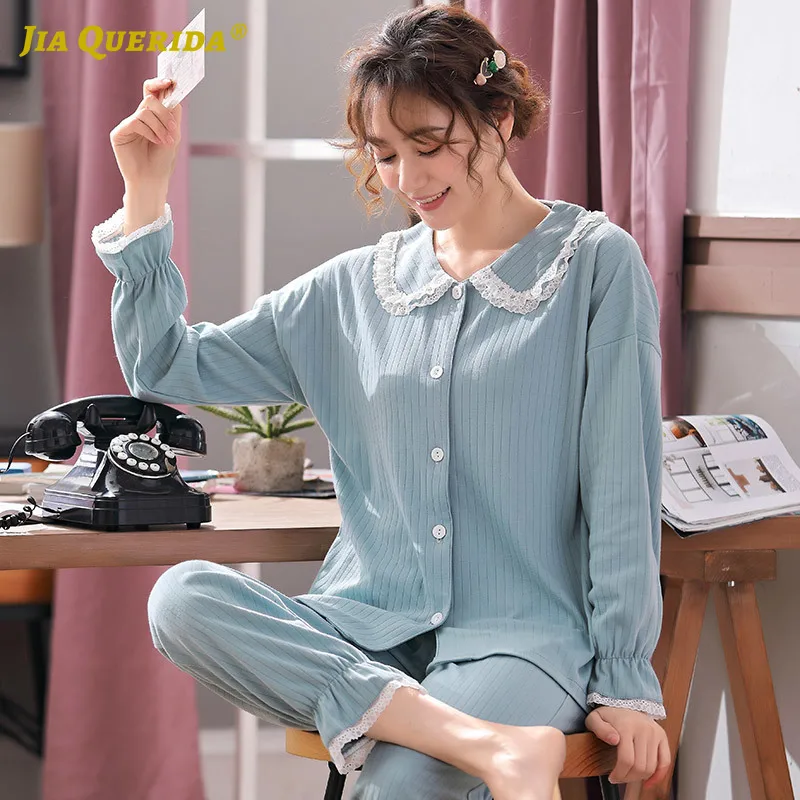 Loungewear Lace Collar 2020 New Spring Cotton Pajamas for Women Blue Solid Laple Top Long Sleeves Pants Pyjamas Women Homewear