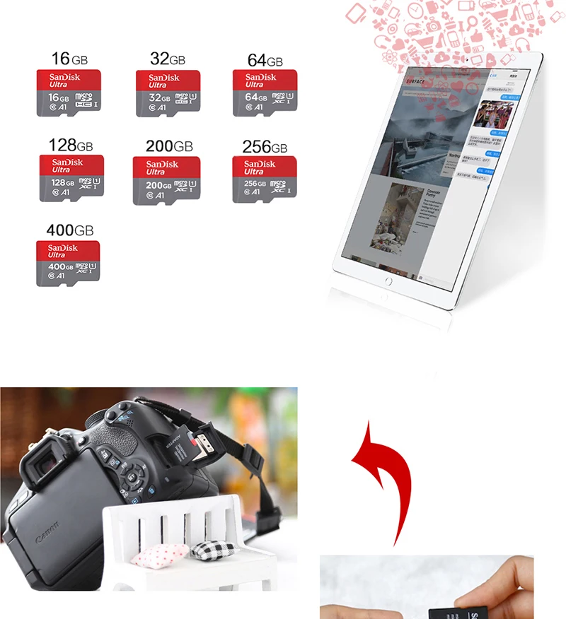 SanDisk Micro SD A1 слот для карт памяти 64 ГБ 128 ГБ 256 ГБ 4K C10 98 МБ/с. для ноутбука