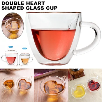 

Heart Shaped Double Walled Insulated Glass Coffee Mugs or Tea Cups Double Wall Glass 6/8 oz Clear with Handle SEC88