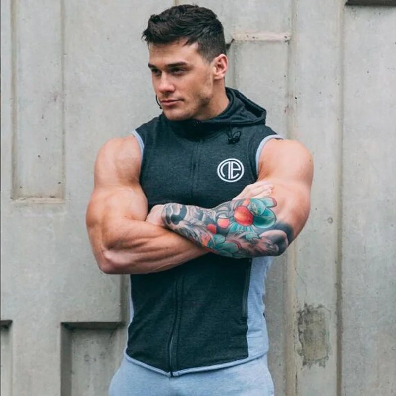 Mens Bodybuilding Hooded Tank Top Cotton sleeveless Vest Sweatshirt Gyms Fitness Workout Casual Fashion Tops Clothing - Цвет: Dark grey