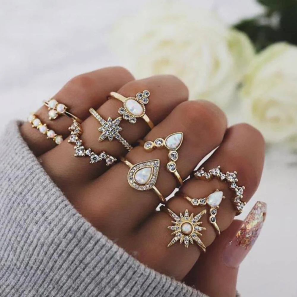 

10Pcs/Set Western New Style Rings Set Crown Rhinestone Knuckle Rings Set For Women Jewelry 2020