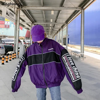 

Jackets Women Long Sleeve Loose Hip Hop Students Streetwear Casual Clothes Womens All-match Pockets Stand Collar Zipper Jacket
