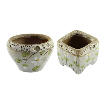 

2 Pcs Hand-Painted Flowers Retro Flower Pots Ceramic Pots Simple Ideas Stoneware Green Meat Meat Plants Flower Pots, Triangle-Sh