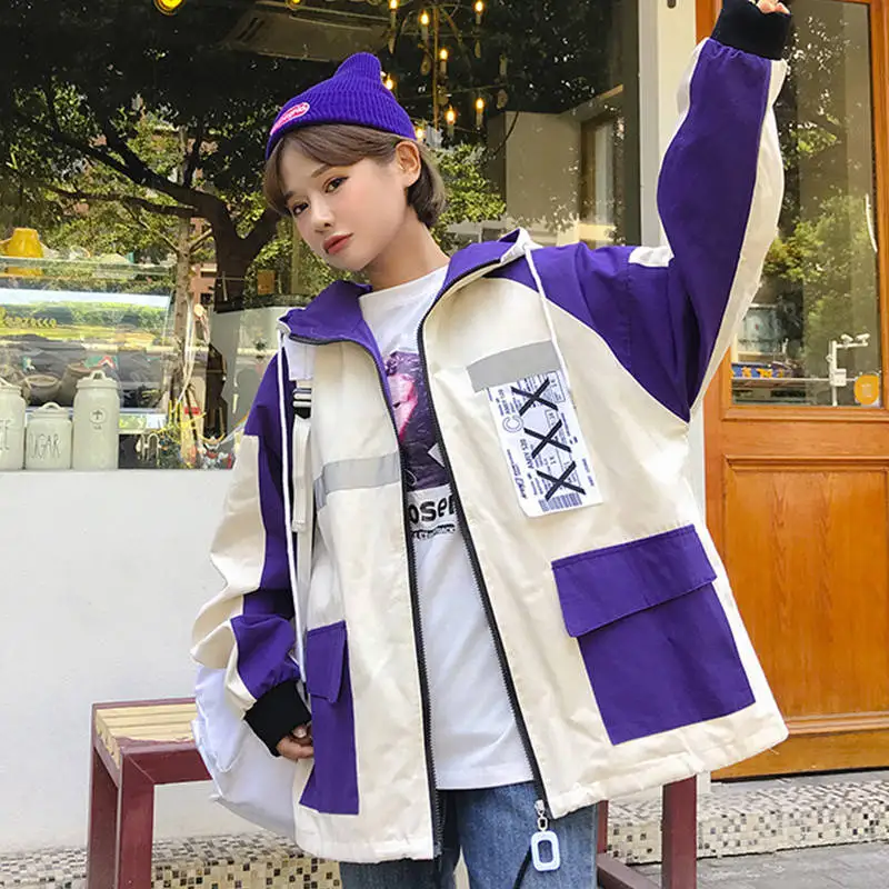 Осенняя Свободная Женская Куртка карго Harajuku Bomber хип хоп толстовка куртка со светоотражателями негабаритная куртка базовые пальто толстовки уличная