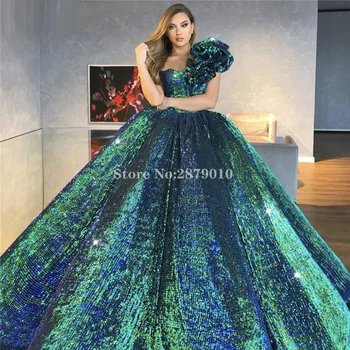 

Dubai Green Sequined Bling Luxury Evening Dress 2020 One Shoulder Sexy Sleeveless Floor-Length Prom Dress Middle East Formal