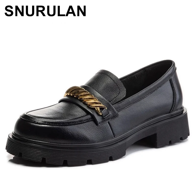 

SNURULANFashion Women Thick Heel Loafers British Style Genuine Leather Slip On Shallow Metal Platform Casual Leather Shoes Black