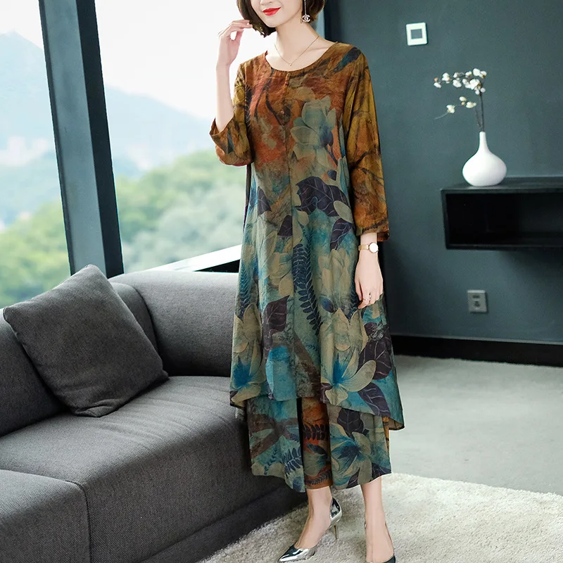 

2019 Spring And Autumn Two-Piece Faux Silk Mid-length Large Size Dress Kuotaitai Loose-Fit Capri Pants Set